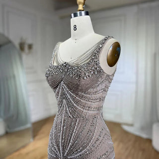 Ships in 1 to 3 Days – Arabic Nude Spaghetti Strap Mermaid Evening Gown - Luxury Pearls Beaded for Women's Wedding Party 2024