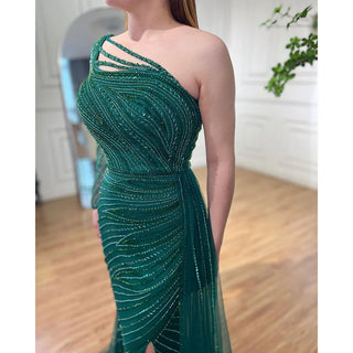 Green One Shoulder Mermaid Split Open Evening Dress: Beaded Sexy Party Gown for Women 2024