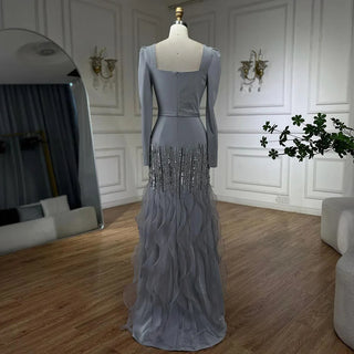 Arabic Gray Mermaid Elegant Ankle Length Beaded Satin Luxury Evening Dresses Gowns for Women Party 2024