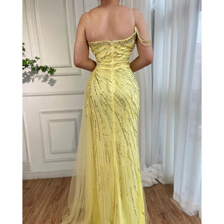 Yellow Mermaid Sexy High Split Evening Gown: One Shoulder Beaded Elegance for Women's Wedding Party 2024