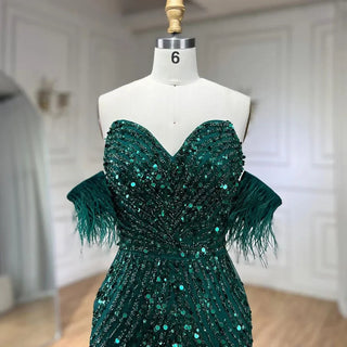 Ships in 1 to 3 Days - Green Mermaid High Split Spaghetti Strap Evening Dress: 2024 Feather Beaded Gown for Women's Party