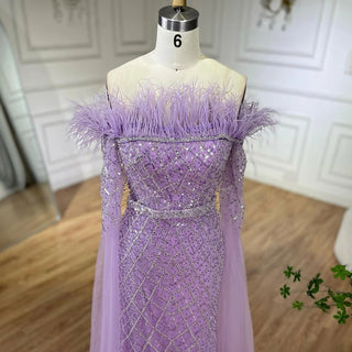 Elegant Cape Sleeves Mermaid Evening Dresses Gowns Luxury Feathers Beaded 2024 For Women Wedding Party