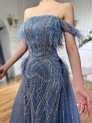 Ships in 1 to 3 Days -2024 Blue Mermaid Gown with Luxury Feathers, Beading, and Overlay Skirt - Saudi Evening Dress for Formal Occasions