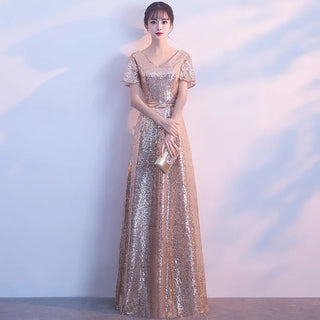 Elegant V-Neck Gold Sequin Prom Dress for Floor-Length A-Line Long Singing Dress