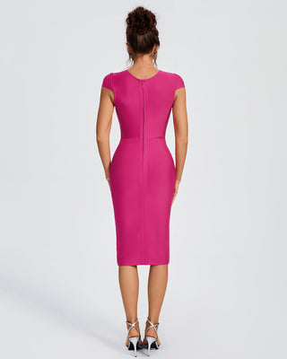 Ships in 1 to 3 Days -Sophisticated Fuchsia Midi Dress with Keyhole Cutouts