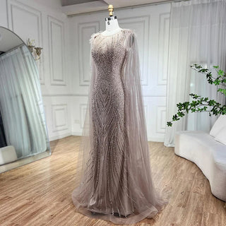 Pink Mermaid Evening Dress - Elegant Cape Sleeves with Luxury Feathers and Beading for Women's Party 2024