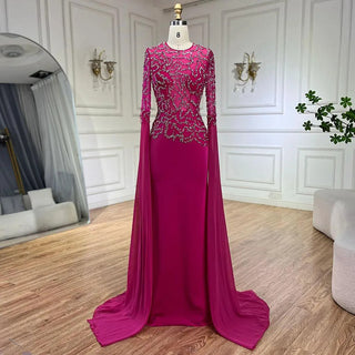 Ships in 1 to 3 Days - Arabic Fuchsia Mermaid Evening Dress with Cape Sleeves and Beaded Gloves Luxury Dubai Gowns for Women's Party 2024