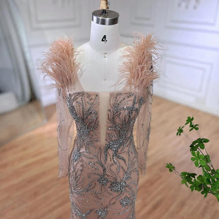 Ships in 1 to 3 Days - Luxury Dubai Nude One-Shoulder Beaded Feathers Mermaid Evening Dress - Gown for Women's Wedding Party