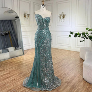 Ships in 1 to 3 Days - Arabic Blue Strapless Yellow High-Split Mermaid Beaded Luxury Evening Gown for Women Wedding Party 2024