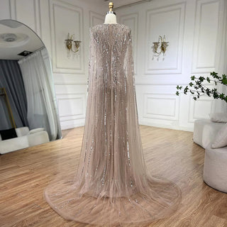 Ships in 1 to 3 Days - Arabic Silver Mermaid Cape Sleeves Beaded Evening Dress Luxury Gown 2024 for Women Wedding Party