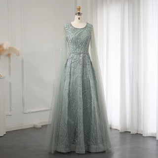 Luxury Dubai Sage Green Arabic Evening Dress with Cape Sleeves: Ideal for Pink Plus Size Women as Wedding Guest Party Gown