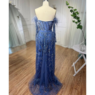 Chic Arabic Luxury Nude Mermaid Evening Dress with High Split, Beaded Feathers - Long 2024 Gown for Women's Wedding Party