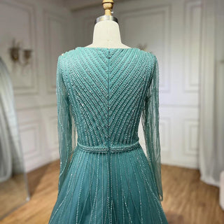 Turquoise Muslim Elegant A-Line Evening Dress with Beaded Details for Formal Events 2024