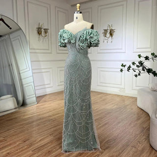 Luxury Dubai Sage Green Evening Dresses for Arabic Women: Elegant Off-Shoulder Mermaid Gown, Ideal for Champagne Wedding Parties