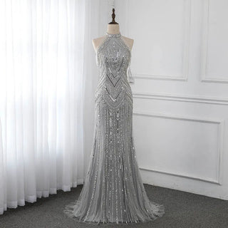 Silver Halter Sleeveless Evening Dress - Luxury Mermaid Beading Sequined Gown