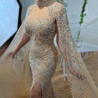 Nude Mermaid Elegant High Collar Cape Sleeves Luxury Beaded Evening Dress Gown for Women's Party 2024