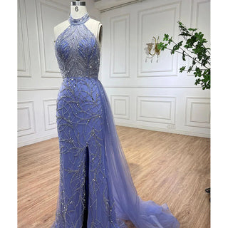 Arabic Blue Mermaid Sleeveless Sexy High Split Beaded Evening Dress - Women's Wedding Party Gown 2024