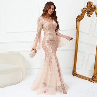 Elegant Long Sleeve Sequin Evening Dress - Gold Mesh Party Maxi Dress