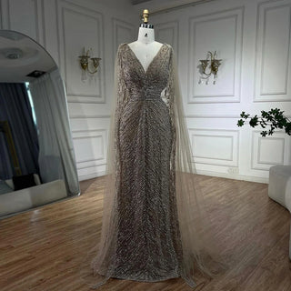 Customized Arabic Nude Luxury A-Line Beaded Evening Dress with Cape Sleeves for Women’s Wedding Party