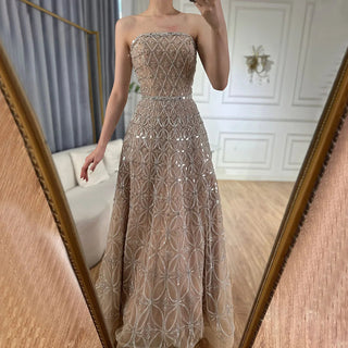 Ships in 2 to 5 Days - 2025 Arabic Gray A-Line Strapless Evening Gown with Beaded Detailing - Elegant Long Dress for Formal Occasions