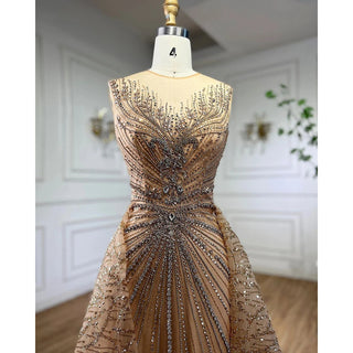 Gold O-neck Long Sleeves Mermaid Beaded Overskirt Evening Dresses Formal Party Gowns For Women 2023