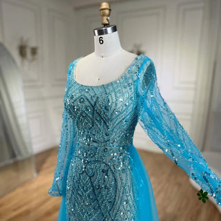 Ships in 1 to 3 Days - Blue Serenity: 2024 Muslim Elegant Mermaid Evening Dress with Overskirt - Beaded Gown for Women's Wedding Party