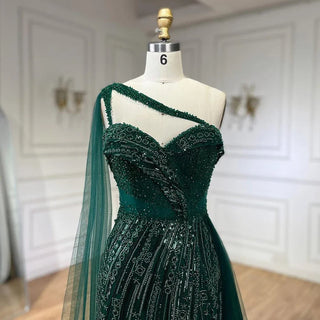 Ships in 1 to 3 Days - 2024 Green One Shoulder Mermaid Evening Dress with Cape Overskirt: Perfect for Women's Wedding Party and Long Prom Formal Events