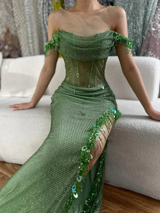 Arabic Green Crystal Luxury Dubai Evening Dresses Gowns High Slit Prom Dress for Women Wedding Party 2025