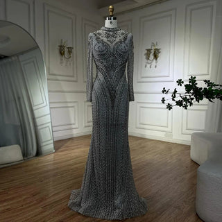 Dubai Gray Mermaid Elegant Lace Crystal Beaded Evening Dress - Luxury Gown for Women's Wedding Party 2024