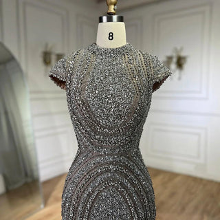 Ships in 1 to 3 Days - 2024 Arabic Dubai Gray Nude Mermaid Floor-Length Beaded Luxury Evening Dress - Gown for Women's Wedding Party