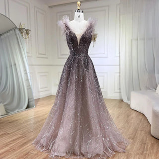 Feathered Fantasy: 2024 Dubai-Inspired Evening Gown with Sexy V-Neck and Beaded Blue Elegance - The Ultimate Choice for Weddings and Grand Soirees.