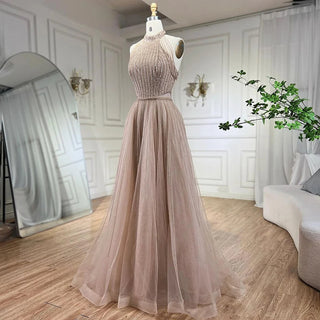 Arabian Nights: 2024 Caramel Elegant A-Line Luxury Evening Dress - Dubai Sequins Beaded Tassel Formal Halter Dress