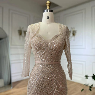 Customized Nude Spaghetti Strap Beaded Mermaid Gown with Detachable Long Sleeve Jacket for Formal Occasions