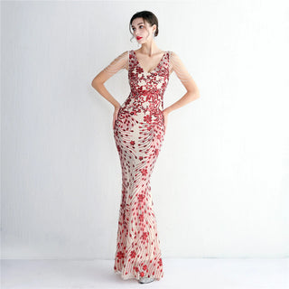 Sexy V-Neck Red Sequin Beaded Prom Dress - Evening Party Maxi Dress for Women