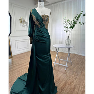 Green One Shoulder Satin Arabic Evening Dress - Women's Party Gown 2024