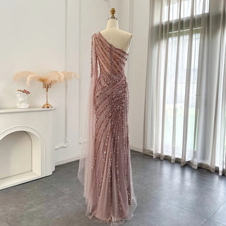 Luxury Pink One-Shoulder Mermaid Arabic Evening Dresses with Cape Sleeve and Side Slit: Ideal for Dubai Wedding Party Gowns