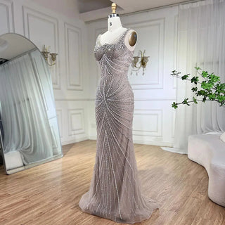 Ships in 1 to 3 Days – Arabic Nude Spaghetti Strap Mermaid Evening Gown - Luxury Pearls Beaded for Women's Wedding Party 2024