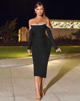 Elegant Off-The-Shoulder Black Maxi Dress - Long Sleeve Summer Formal Prom Evening Dress for Women