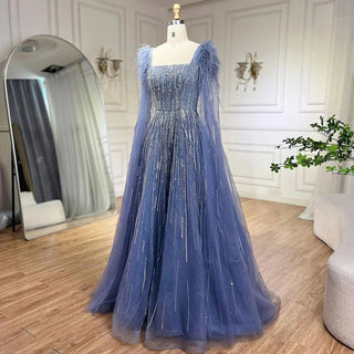 Luxury Dubai A-Line Blue Evening Dress with Cape Sleeves - Feathers Beaded Gown for Women's Wedding Party (2024)