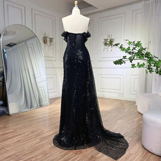 Ships in 1 to 3 Days - Elegant Black Mermaid Evening Dress with High Split and Overskirt - Women's Party Gown 2024