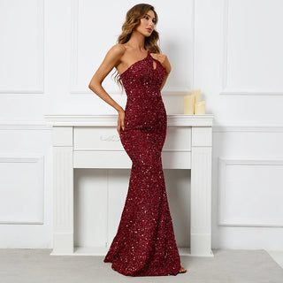 Sexy Slit Burgundy Sequin Dress - One-Shoulder Beaded Long Evening Party Maxi Dress for Women