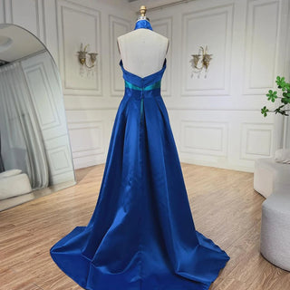 Arabic Blue Contrast Evening Dress with Overskirt - Criss Cross Halter Women's Wedding Party Dress 2024