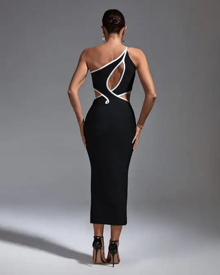 Cut-Out Slash Neck Elegant Party Dress - Sexy Bodycon Black and White Stripes Knit Ladies Bandage Club Dress