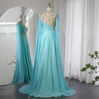 Luxury Crystal Turquoise Blue Evening Dress with Cap Sleeves: 2024 High Neck Arabic Women Wedding Party Dress