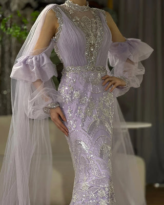 2024 Arabic Lilac Mermaid Evening Gown with Puffy Sleeves and Sparkling Beaded Detailing - Long Dress for Formal Occasions