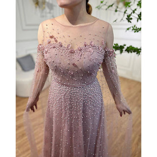 Arabic Pink Mermaid Elegant Cape Sleeves Evening Dress: Pearls Beaded Gown for Women's Wedding Party 2024