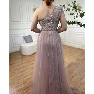 Arabic Pink Mermaid One Shoulder Sexy High Split Beaded Evening Dress - Women's Wedding Party Gown 2024