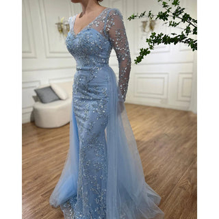 Ships in 1 to 3 Days - Blue Mermaid Elegant Evening Dress with Train - Beaded Luxury Arabic Gown for Women's Wedding Party 2024