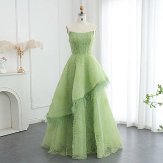 Luxury Lime Green Feather and 3D Floral Dubai Evening Dress - Elegant Strapless Gown for Women’s Wedding Party