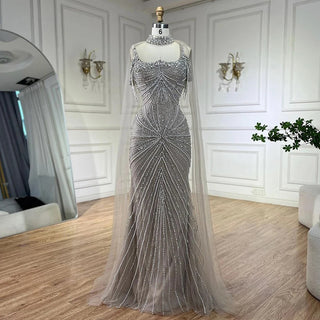 Ships in 1 to 3 Days - Spaghetti Strap Long Cloak Mermaid Silver Nude Beaded Luxury Evening Dresses Gowns for Women's Party 2024